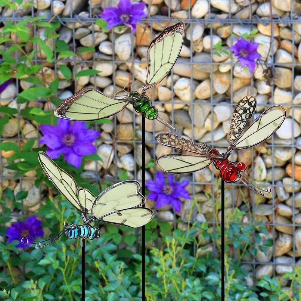 Glow In The Dark Butterfly Dragonfly Hummingbird Garden Stakes Set