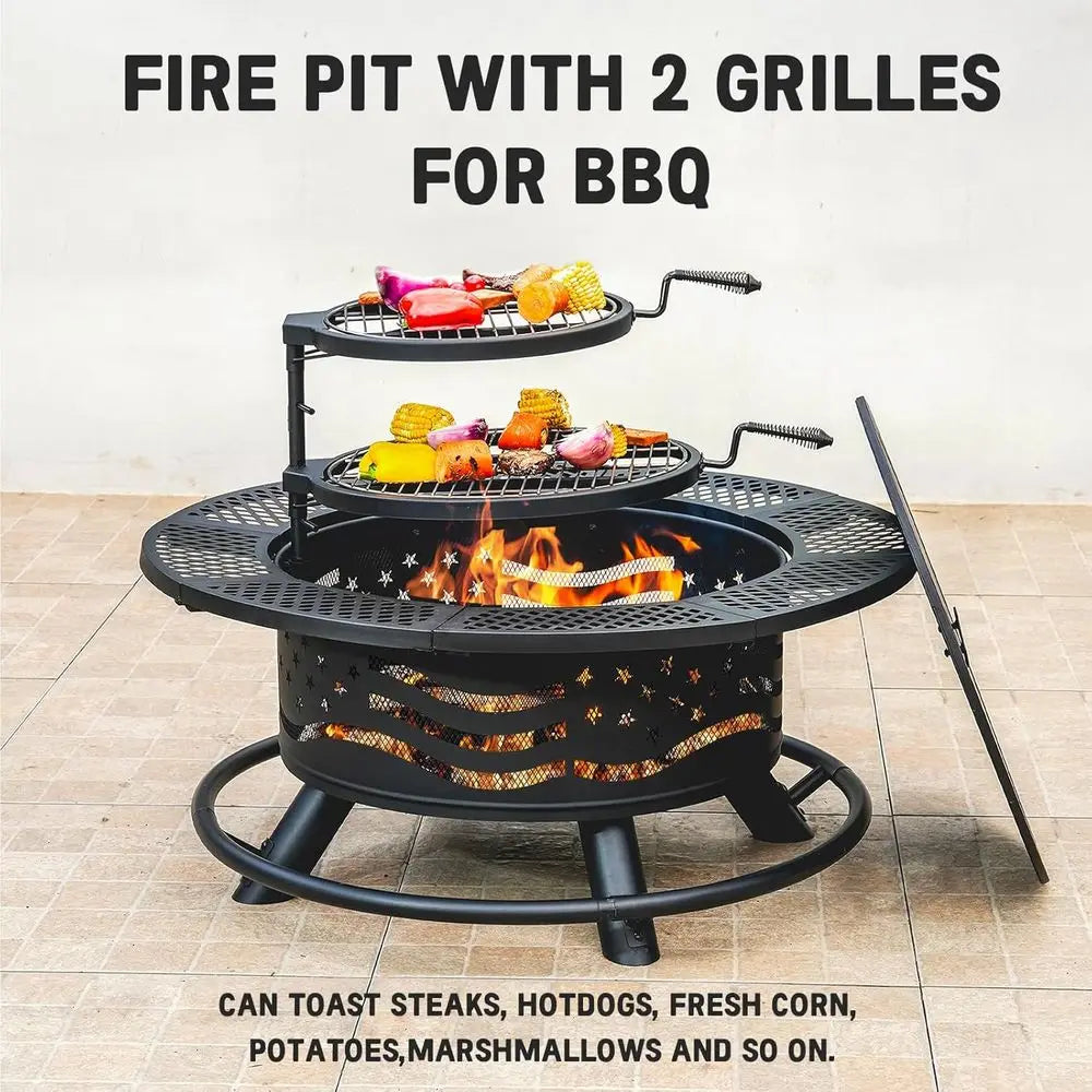 Outdoor Steel Fire Pit With Grates BBQ Grill Cover