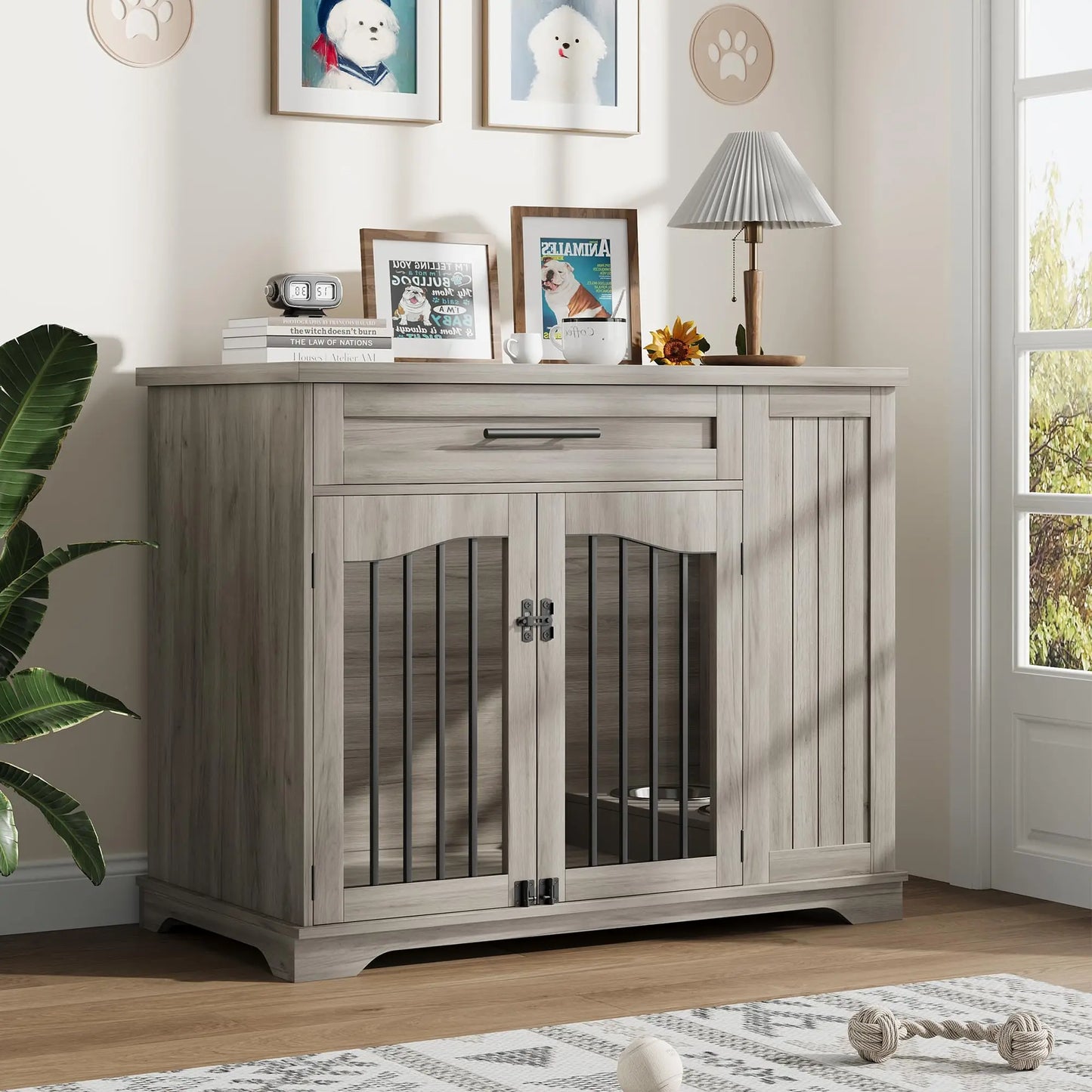 HiMISS Furniture Style Wooden Dog Crate With Feeding Station