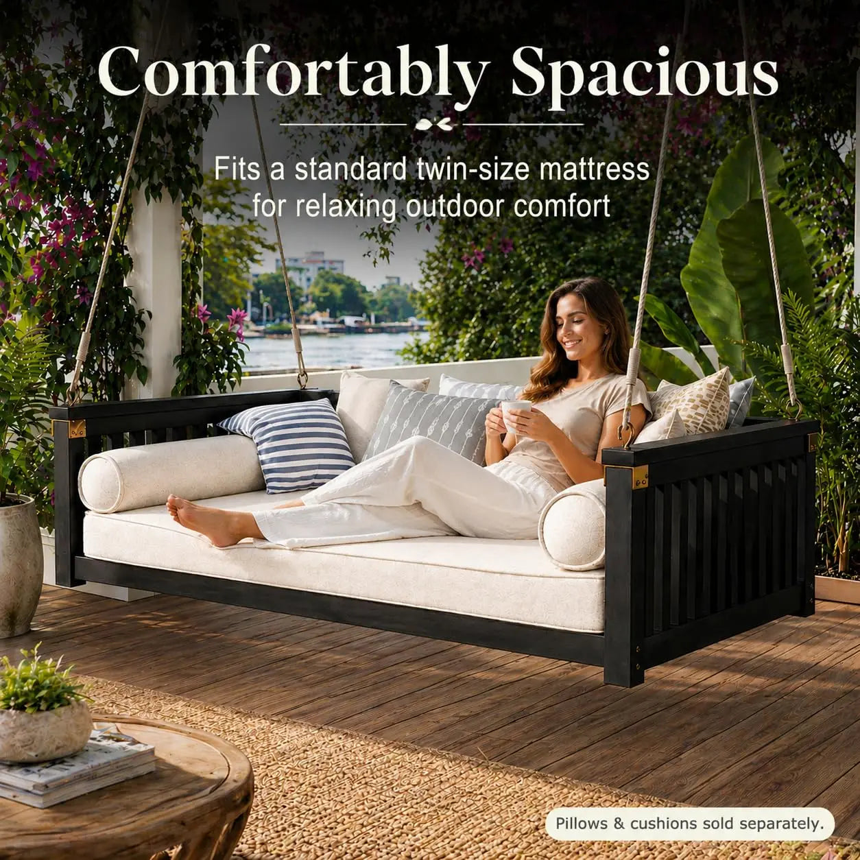 Acacia Wood Porch Swing Bed, Twin Size Outdoor Bed Swing with Ropes, Hanging Daybed for Patio, Garden & Front, Customized