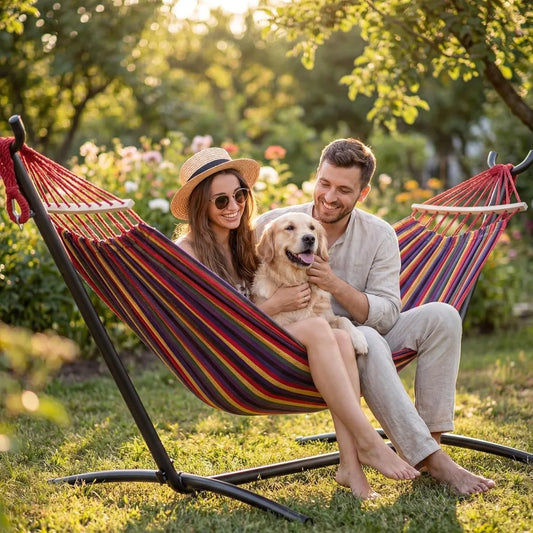 Double Hammock with Steel Stand Portable 600lbs Capacity for Indoor Yard Camping Outdoor