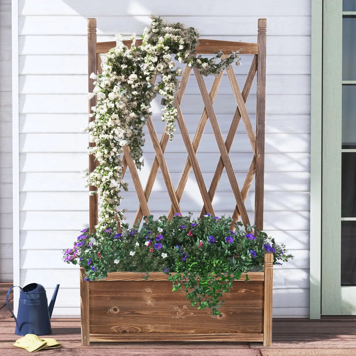 Elevated Wood Garden Bed With Trellis Planter For Herbs