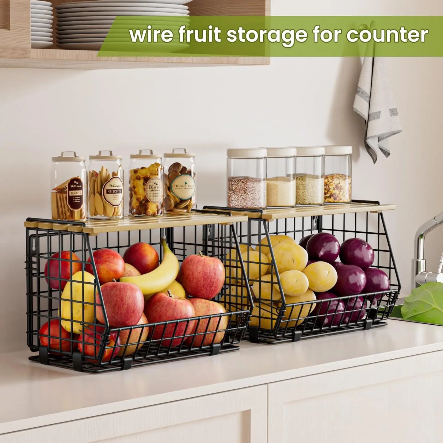 3-Pack Hanging Fruit Basket for Kitchen, Wall Mounted or Countertop Wire Storage for Vegetables, Onions, Potatoes