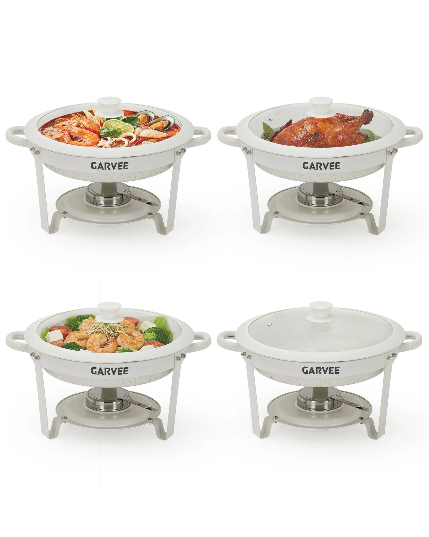 5.3QT Round Chafing Dish Set Natural Maifanite Non‑Stick Coating, Keep Warm & Cold, Stackable Foldable Frame, Anti‑Scald Handle Glass Lid for Buffet Wedding Party Catering Supplies