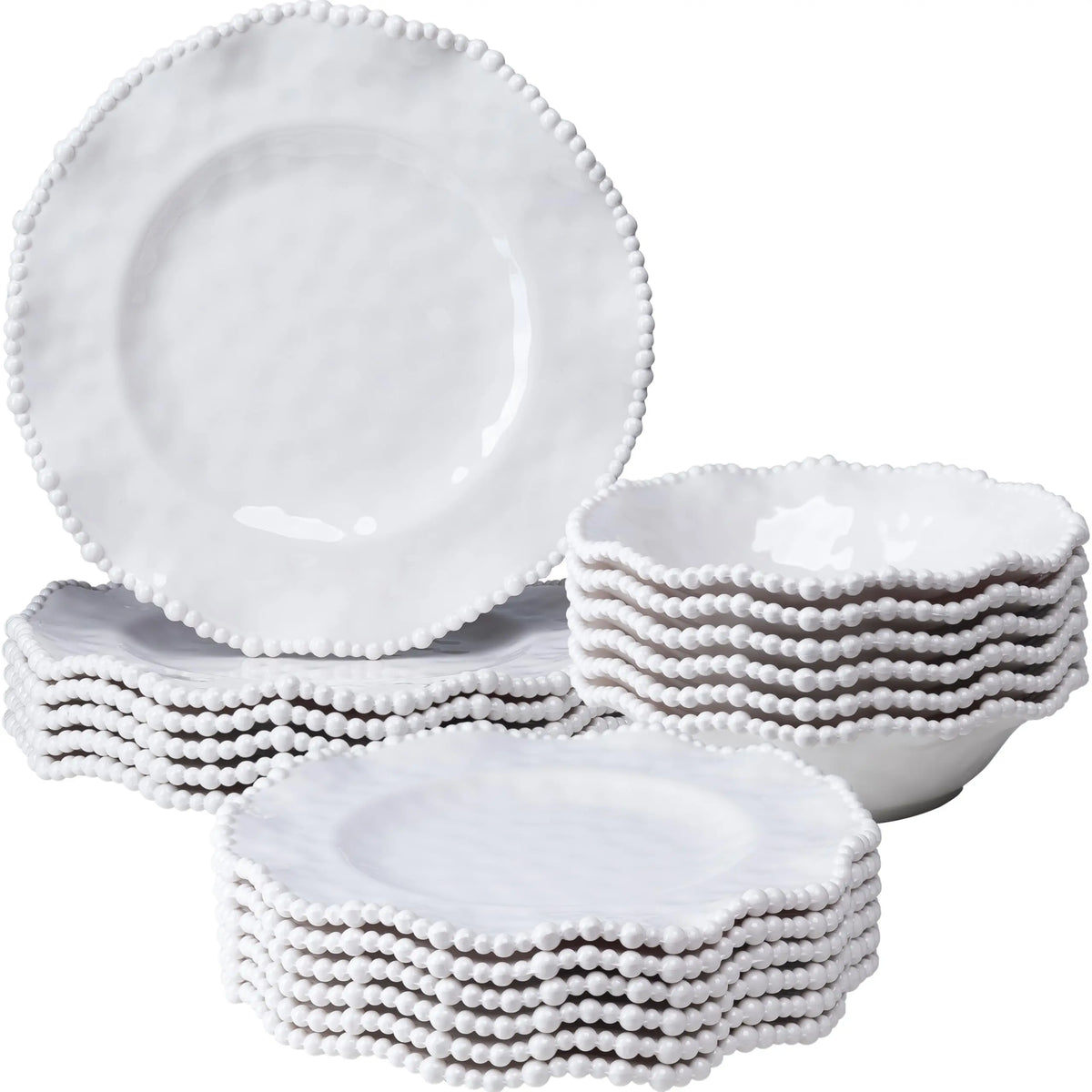 Cream 12pcs Beaded 100% Melamine Dinnerware Set, Elegant Scalloped Edge Durable & Shatterproof Outdoor Dining Set,Unbreakable Plates & Bowls Set for Indoor/Outdoor Use, Dishwasher Safe