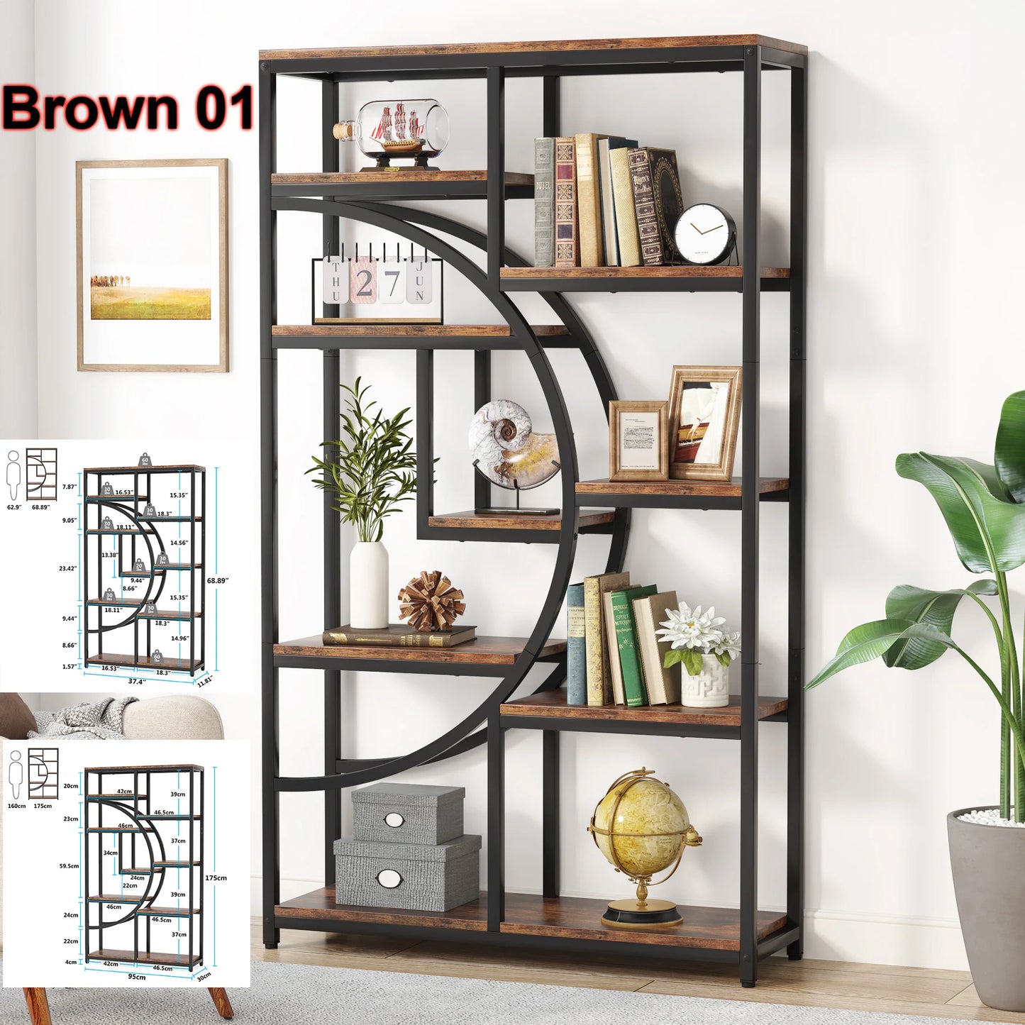 Tribesigns Bookshelf Industrial 5 Tier Etagere Bookcase, Freestanding Tall Bookshelves Display Shelf Storage Organizer