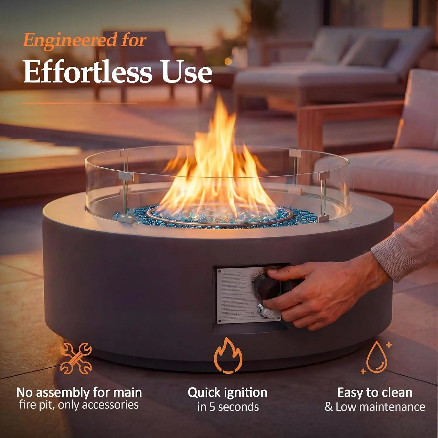 42-inch Outdoor Propane Gas Fire Pit Table 50000 BTU Iron Round Firepit for Outside Patio with Tank Hidden Table, Wind, Custom
