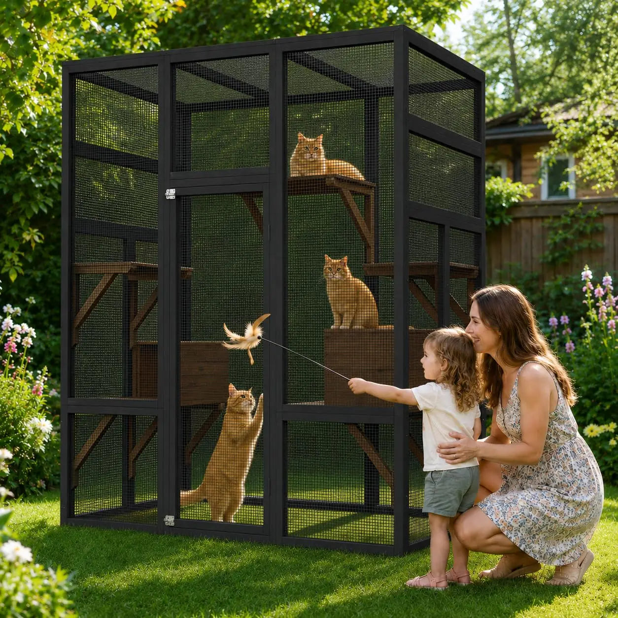 HiMISS Wooden Outdoor Catio Cat Enclosure With Sturdy Roof