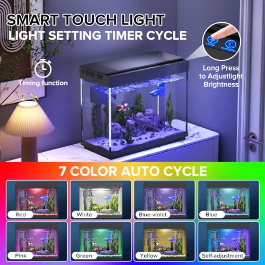 Fish Tank, 2.4 Gallon Fish Aquarium, Fish Tank Starter kit with Smart Humidifier, Temperature Display, 7-Color Lighting, 3 in 1