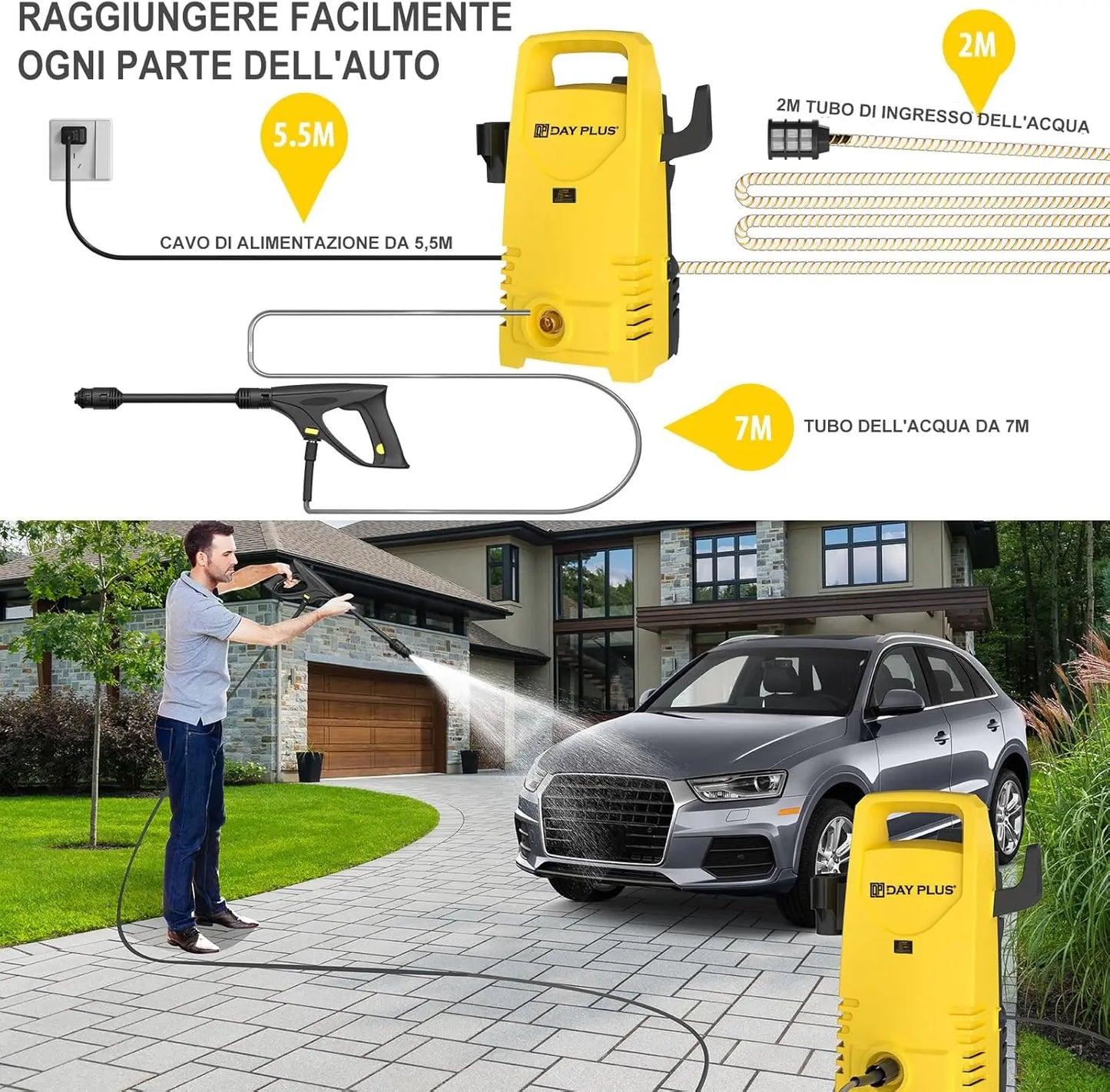 DayPlus Electric Pressure Washer 1600W 120bar 380Lph Adjustable Lance
