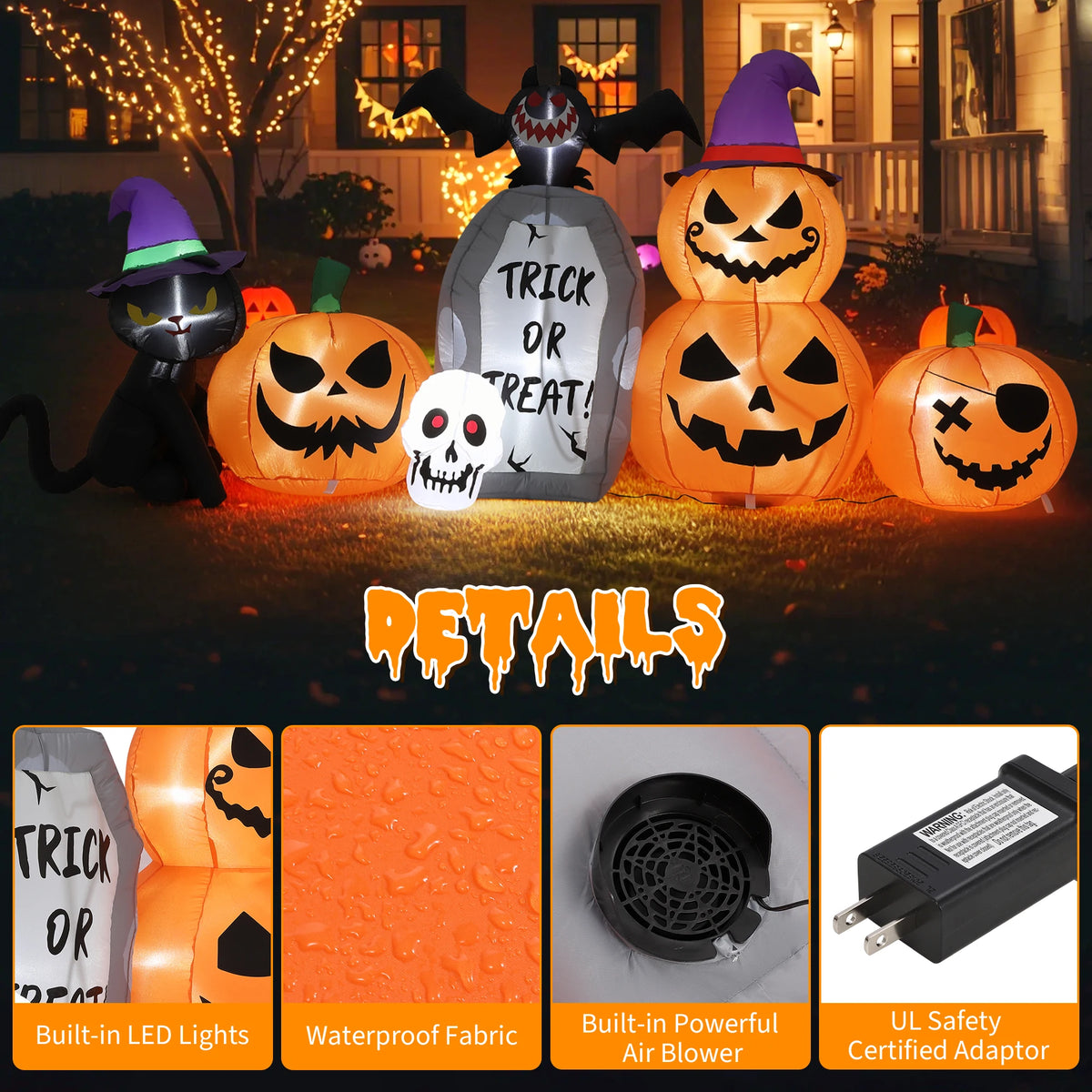 HiMISS Halloween Pumpkin Cat Tombstone Inflatable Yard Decor LED Lights
