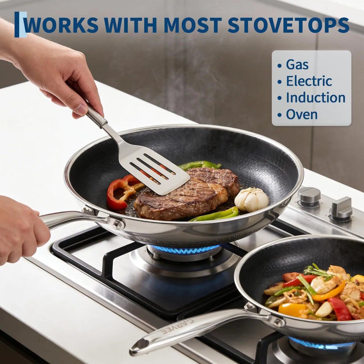 HiMiss Stainless Steel Nonstick Frying Pan Set Glass Lids