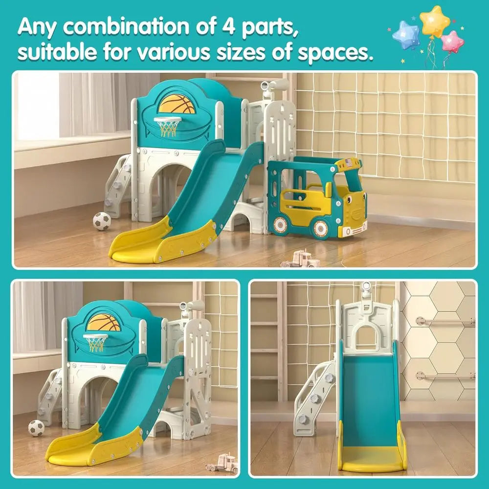 Bus Themed Toddler Playground Climber With Slide And Playhouse Indoor