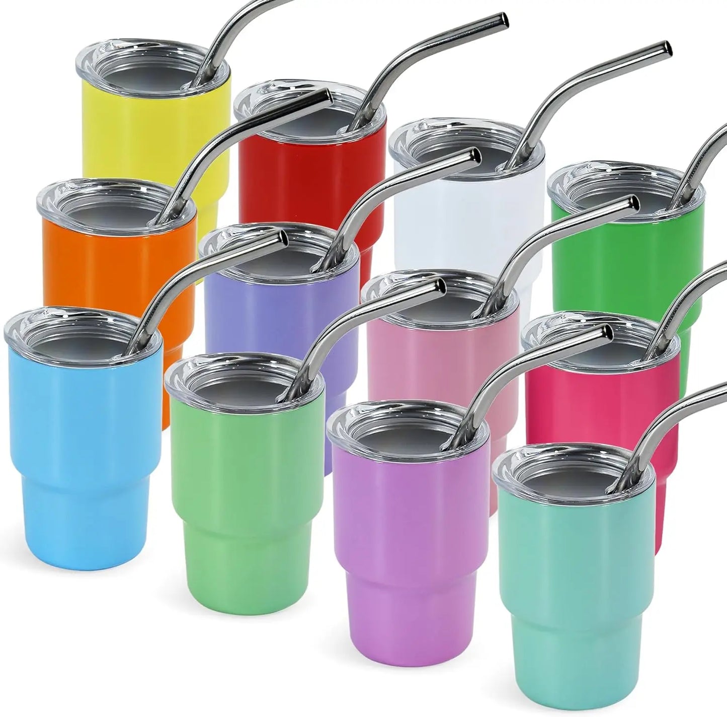 Stainless Steel Mini Tumbler Shot Glasses Straw Lid 12 Pack