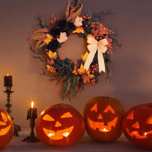 Halloween Ghost Wreath With Orange Ribbon, Maple And Black Feathers
