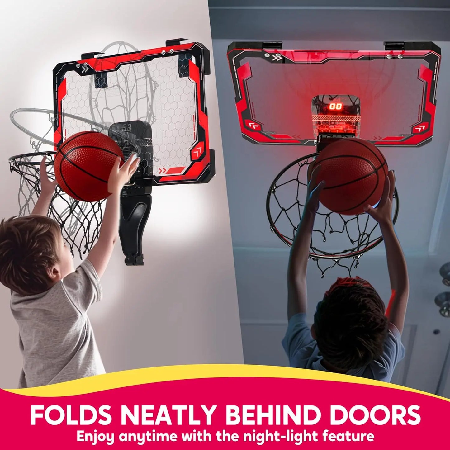 Joyfy Mini Indoor Basketball Hoop Light Up Over Door With 4 Balls
