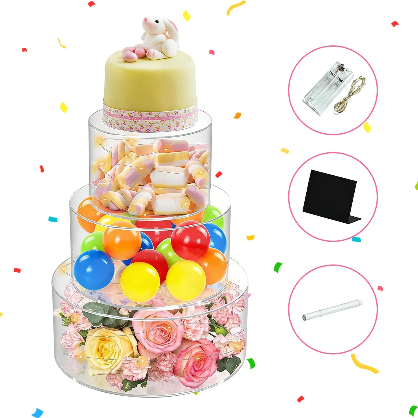 3 PCS Acrylic Cake Stands, Round Clear Fillable Cake Display Risers with LED Light for Wedding Birthday Party