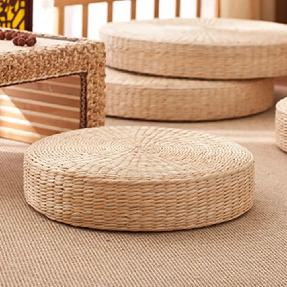 Non-Slip Bottom Round Tatami Cushion-Handmade Straw Weave Floor Pillow for Meditation Yoga Zen Room Kids Play Area Decor