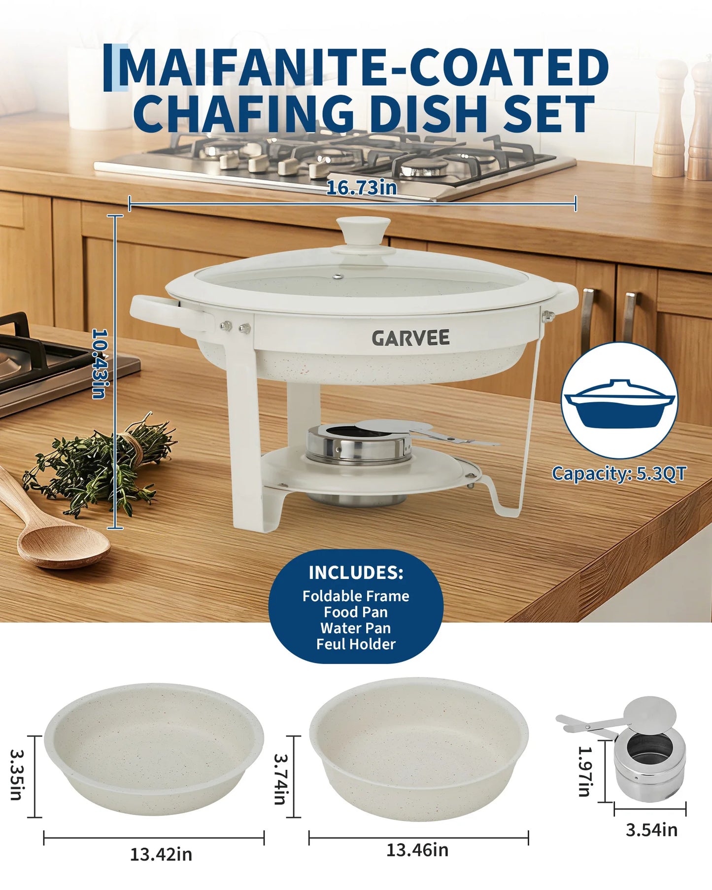 5.3QT Round Chafing Dish Set Natural Maifanite Non‑Stick Coating, Keep Warm & Cold, Stackable Foldable Frame, Anti‑Scald Handle Glass Lid for Buffet Wedding Party Catering Supplies