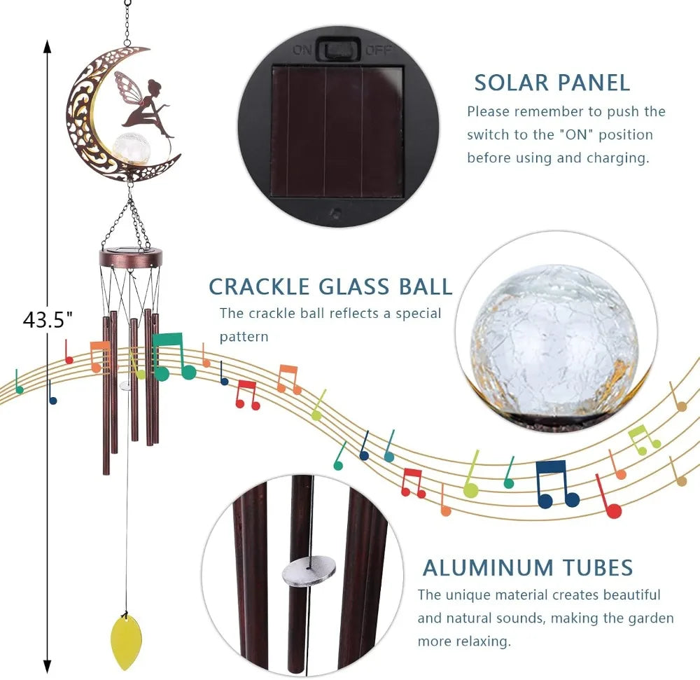 Fairy Solar Wind Chime With Crackle Glass Ball Garden Decor