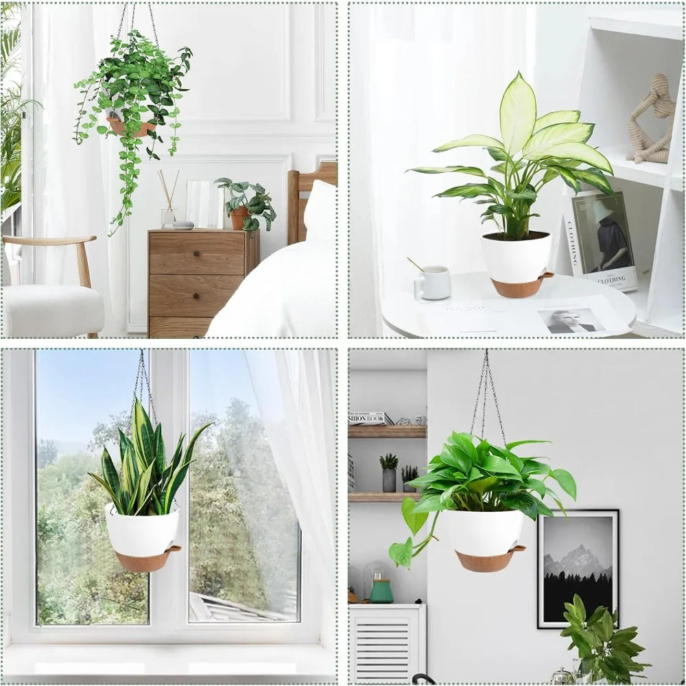 Self-Watering Hanging Planters 2-Pack, 6" White with Drainage & Removable Tray