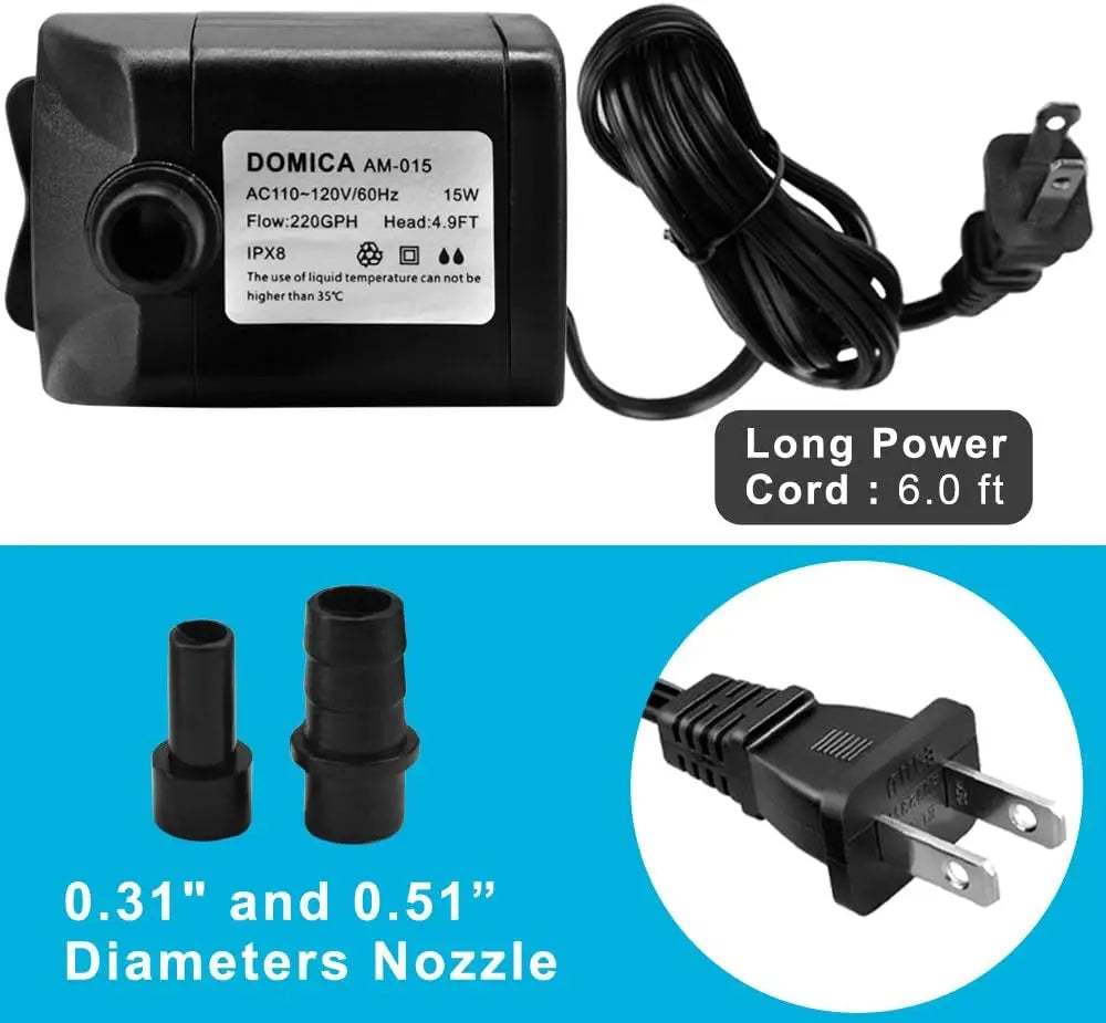 220GPH Ultra Quiet Fountain Pump (15W 800L/H), Small Submersible Pump for Pond, Water Feature, Aquariums, Fish Tanks, Hydroponic