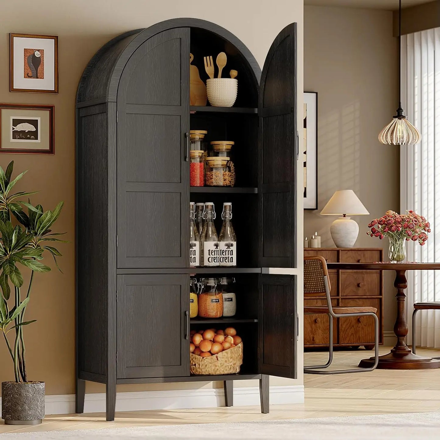 71" Tall Farmhouse Arched Pantry Cabinet, 5-Tier Wooden Storage w/Adjustable Shelves & Feet, Kitchen Cabinet w/Doors for Dining Room Organization