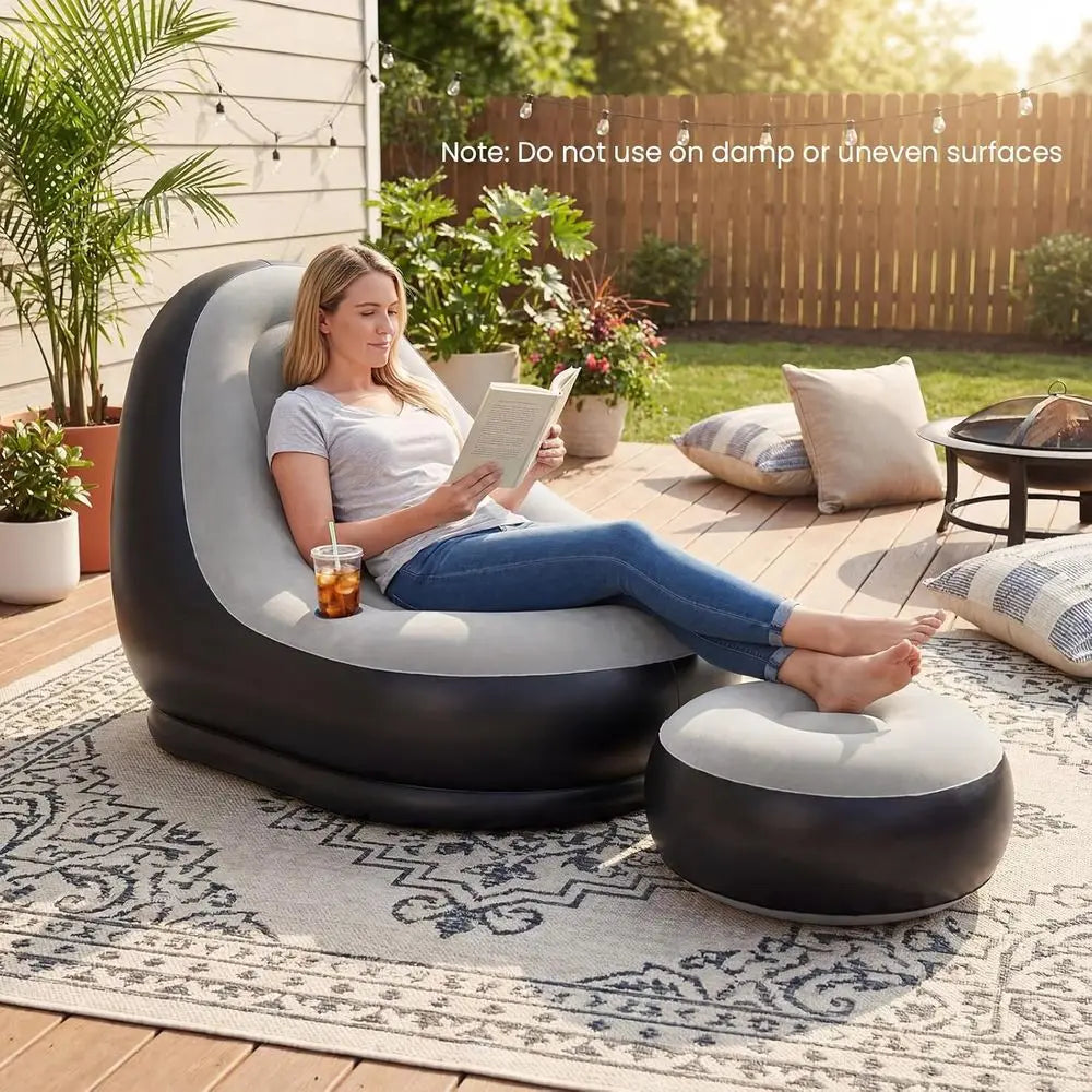 Portable Blow Up Single Air Sofa with Ottoman, Cup Holder, Repair Patches, Indoor Outdoor Inflatable Chair for Camping, Gaming