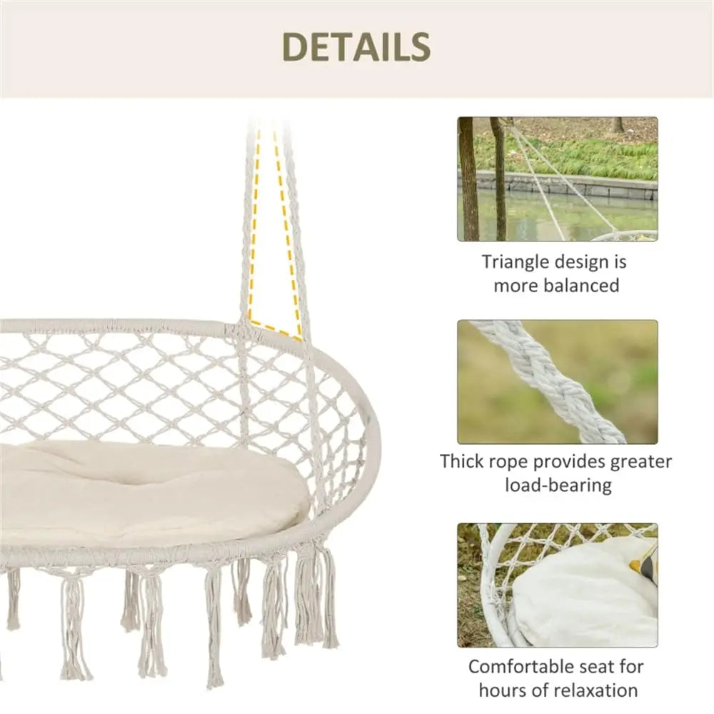 Cream 2-Person Porch Swing Hanging Chair w/ Cushion Cotton Rope Patio Backyard 51.25"x29.5"x15.75" Customized