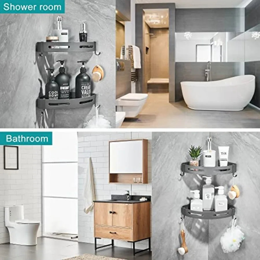 2 Tier Corner Shower Shelf Adhesive Wall Mounted Bath Organizer