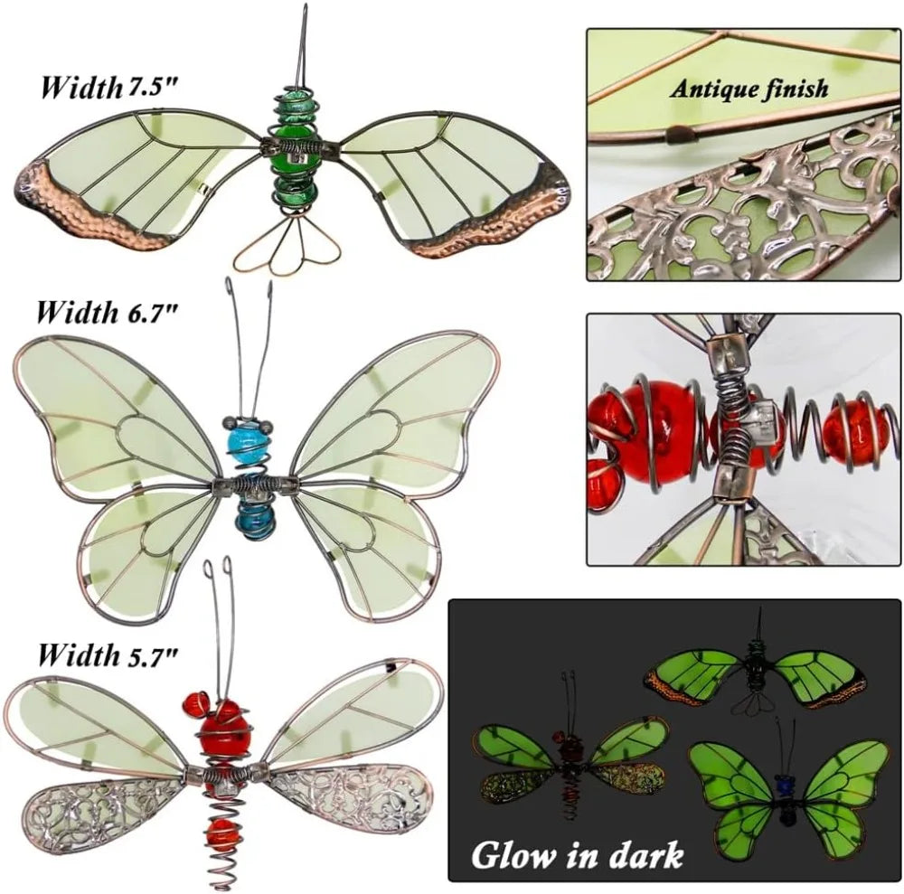 Glow In The Dark Butterfly Dragonfly Hummingbird Garden Stakes Set