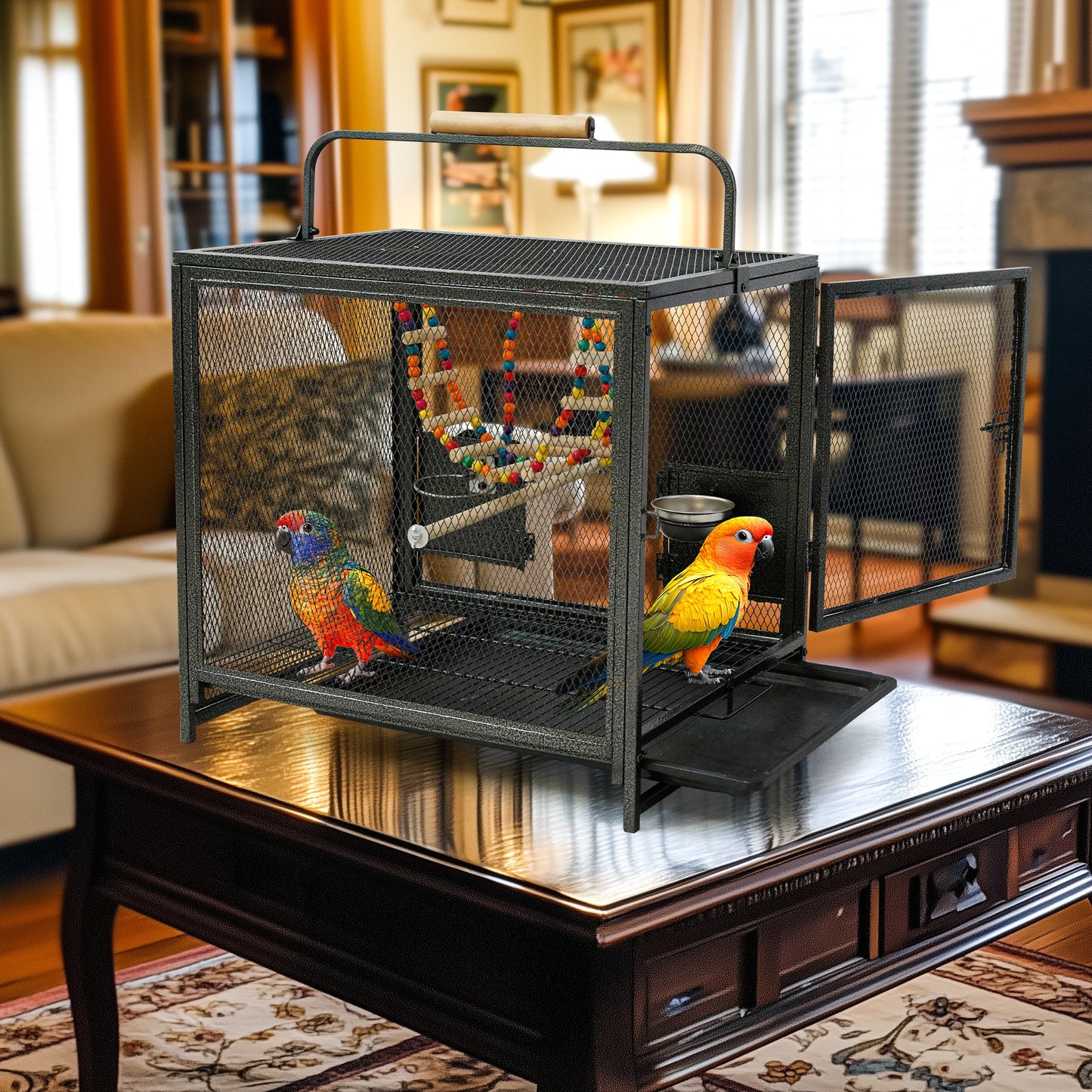 Wrought Iron Travel Bird Cage Parrot Carrier With Handle Perch