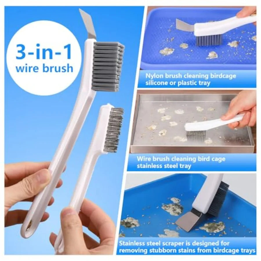 Bird Cage Cleaner Brush Kit, Bird Poop Remover Cleaning Tools Set Accessories for Small, Medium, Large, Tall, Stainless Steel,