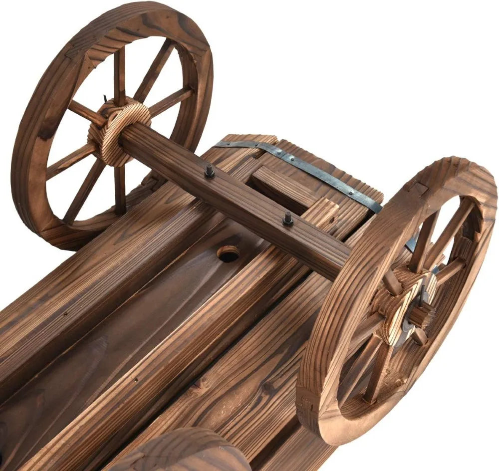 Wood Wagon Planter With Wheels Outdoor Flower Stand For Patio