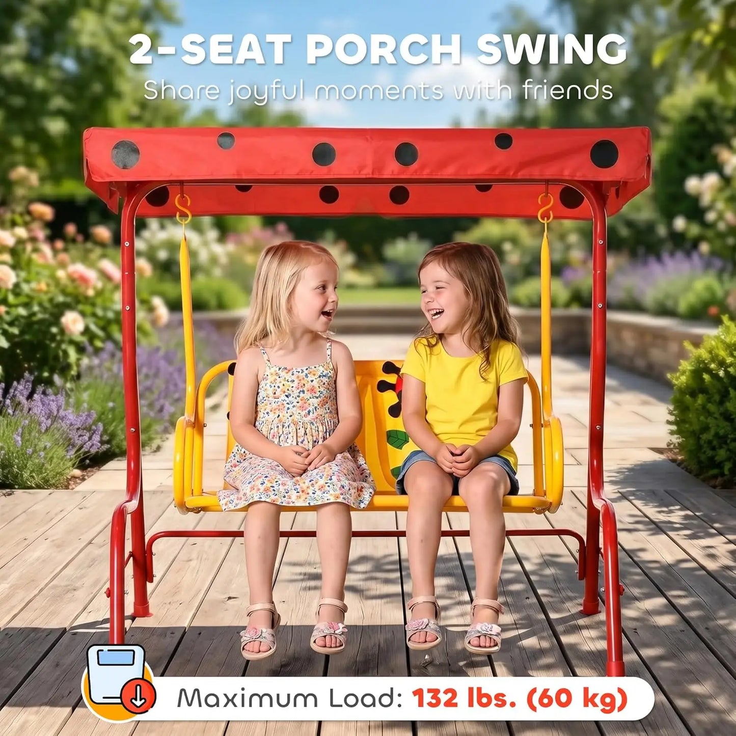 Kids Patio Swing, 2-Seater Outdoor Swing Chair with Adjustable Canopy and Safety Belt, Lion Pattern Hanging Swing, Customized