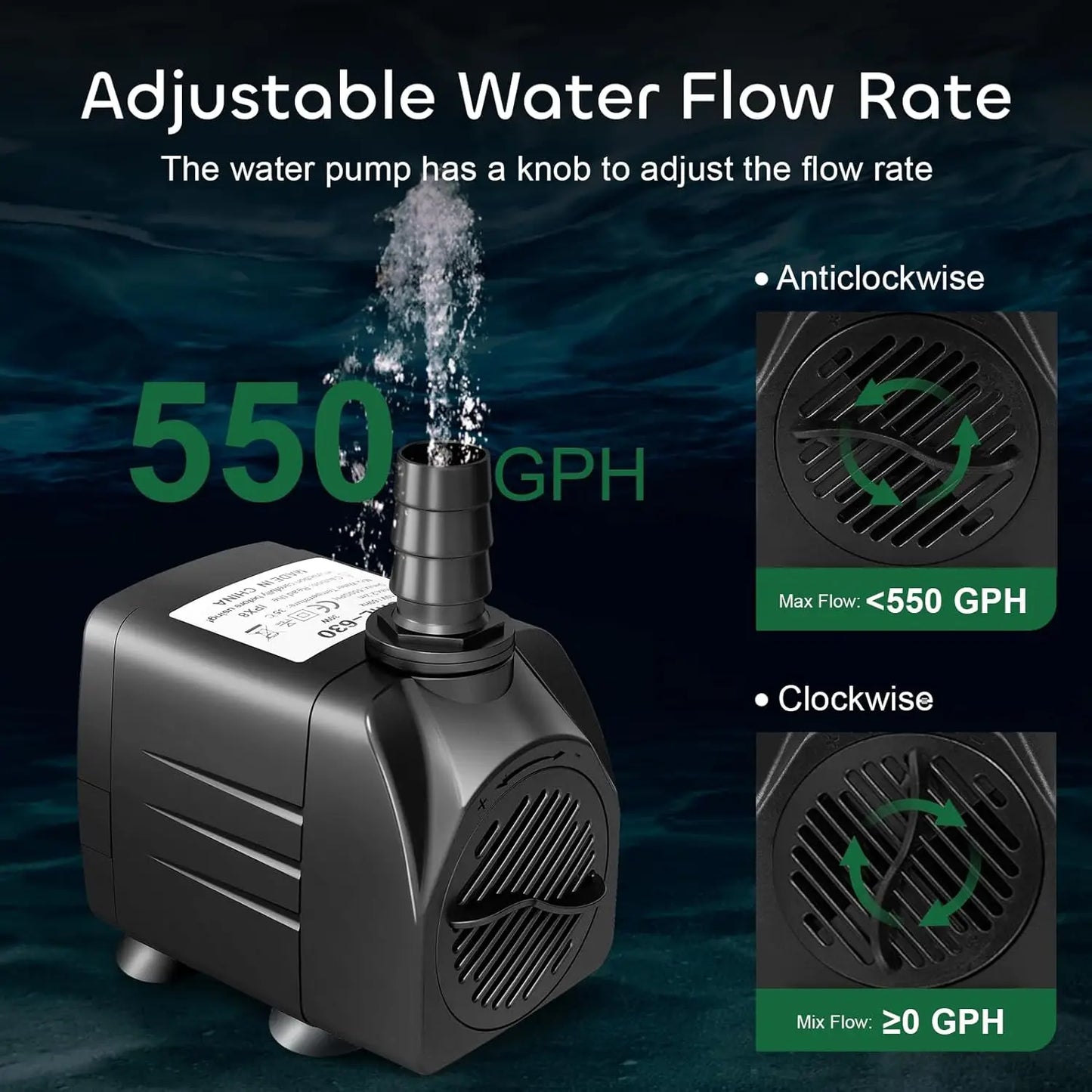 550GPH Submersible Pump 30W Fountain Water Pump, 2000L/H, with 7.2ft High Lift, 3 Nozzles for Aquarium, Fish Tank, Pond, Hydropo
