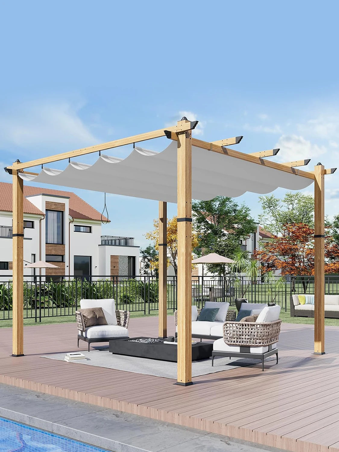 HiMISS Outdoor Pergola With Retractable Canopy Faux Wood Grain Aluminum