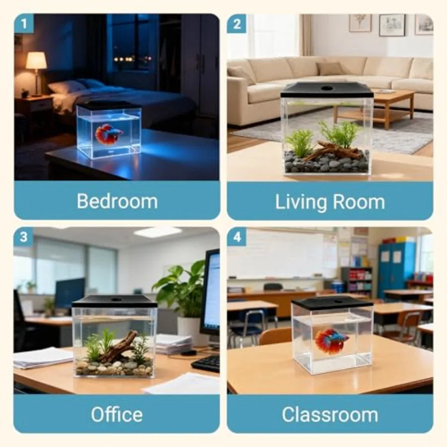 0.8-Gallon Cube Small Fish Tank, Shatterproof Plastic Fish Tank with LED Lighting, Temporary Fish Bowl for Fry, Isolation, Educ