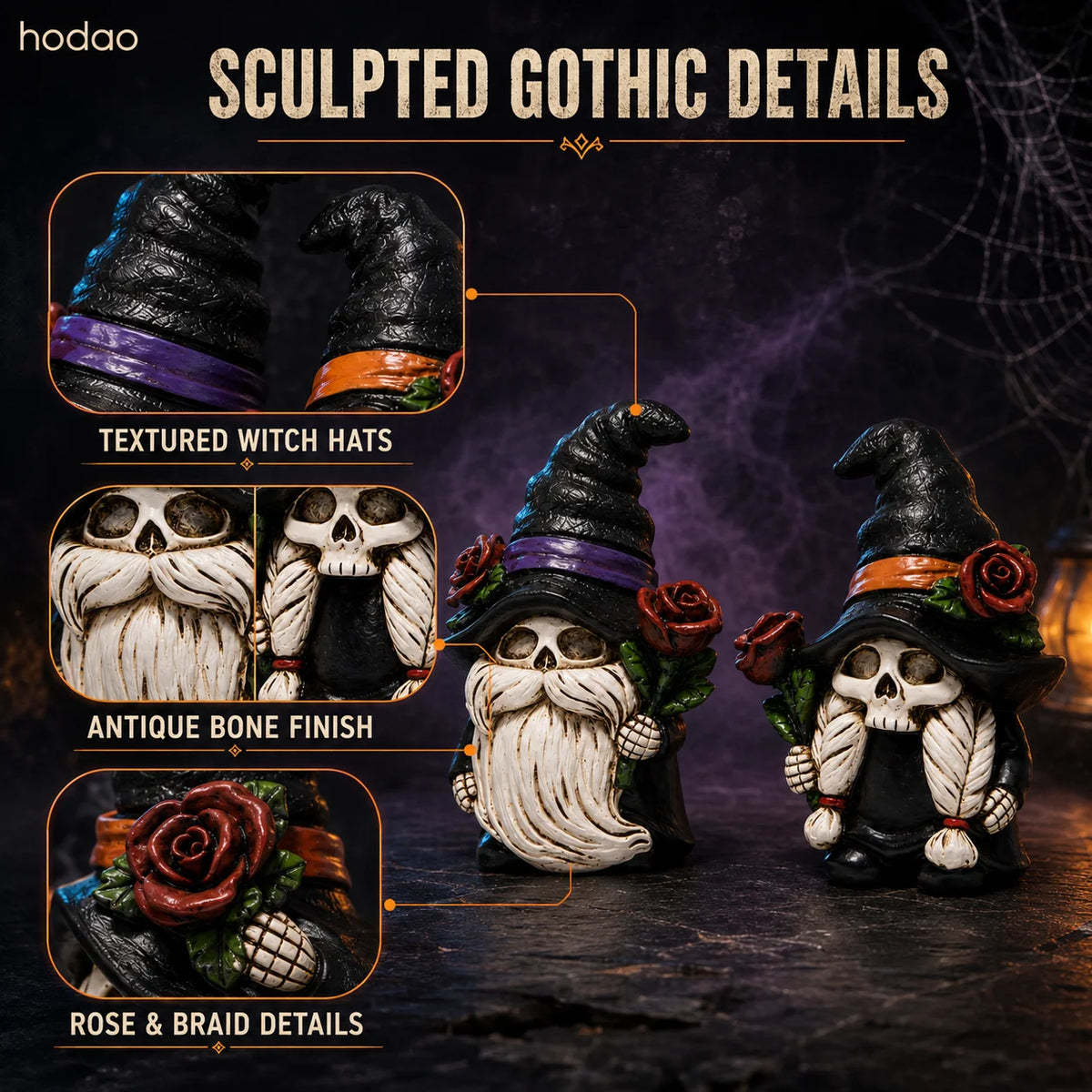 Hodao Resin Halloween Skull Gnome Couple Figurines for Gothic Decor