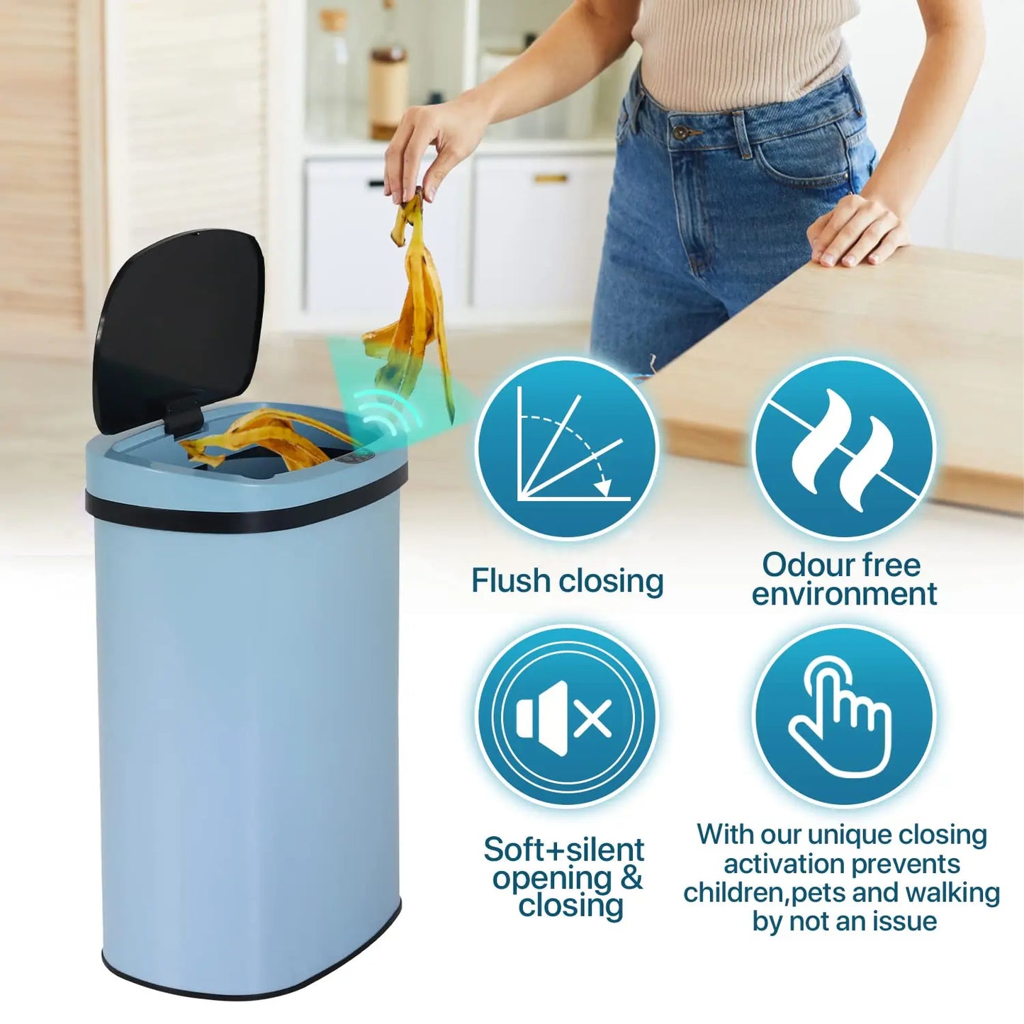 Brushed Stainless Steel Motion Sensor Kitchen Trash Can With Lid