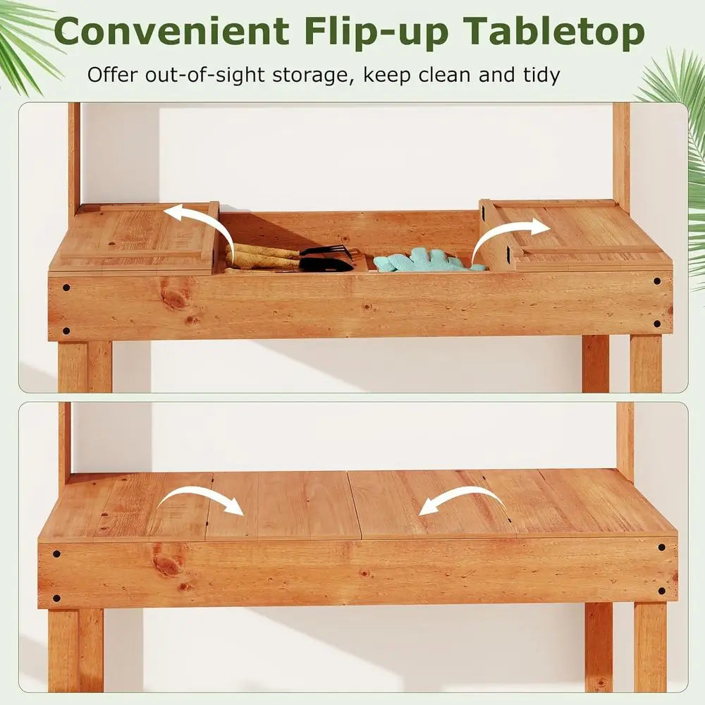 Potting Bench Table, Outside Solid Wood Gardening Table with lip-up Tabletop, Storage Shelves, Indoor Outdoor Wooden Workstation