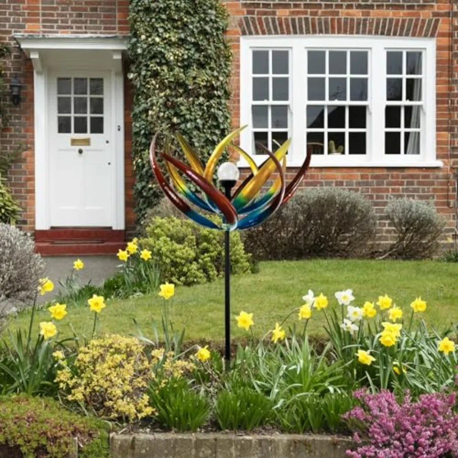 Tulip Wind Spinners Outdoor Solar Lighted Metal Garden Sculpture