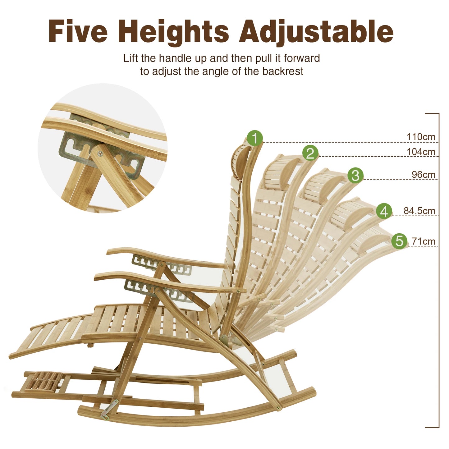 Folding Bamboo Rocking Chair Bamboo for Living Room, Bedroom, Backyard,Indoor Outdoor Furniture Adjustable Sun Lounger Chairs