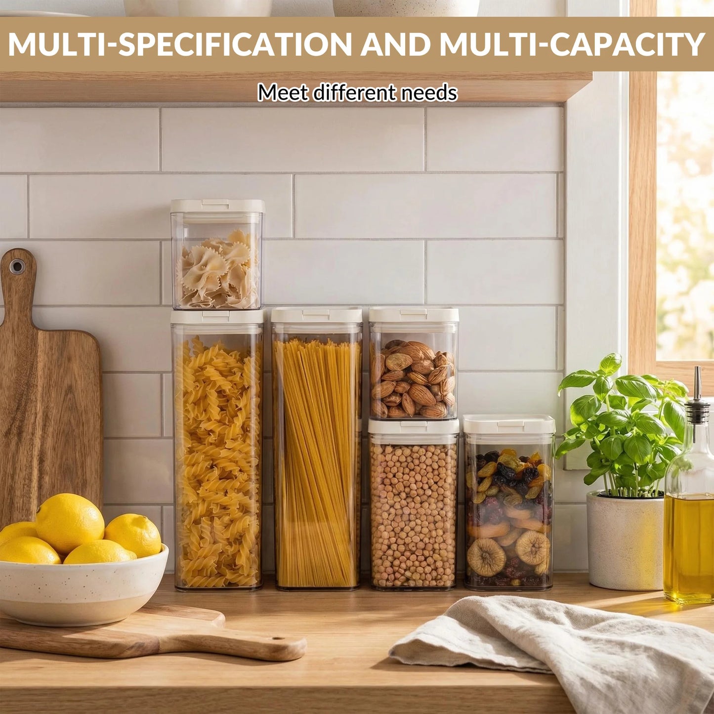 6pcs Set Airtight Food Storage Containers, Clear Plastic Sealed Jars with Flip Lid, Multi‑Capacity Kitchen Pantry Organizer for Pasta Cereal Snack