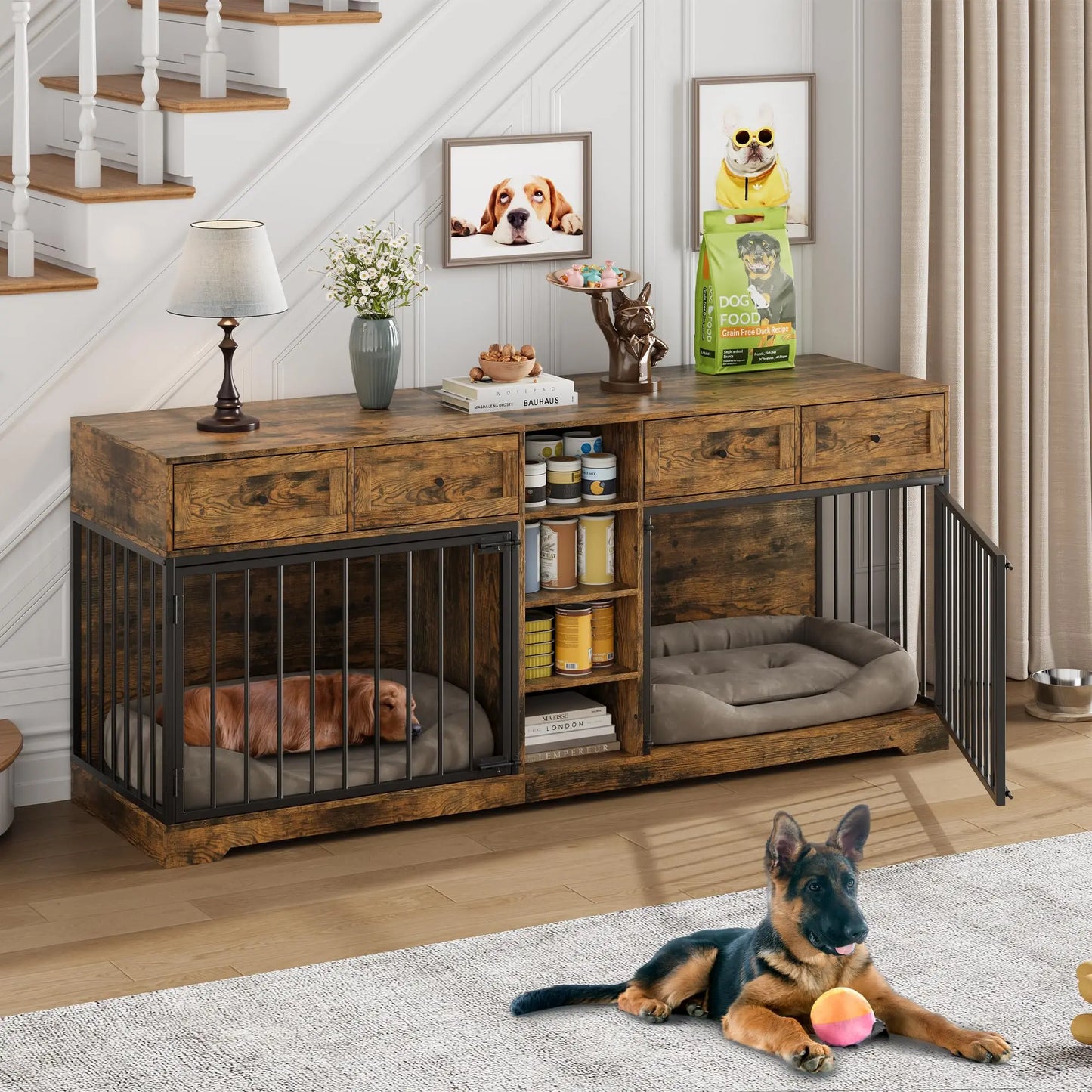 HiMISS Heavy Duty Double Dog Crate TV Stand With Drawers