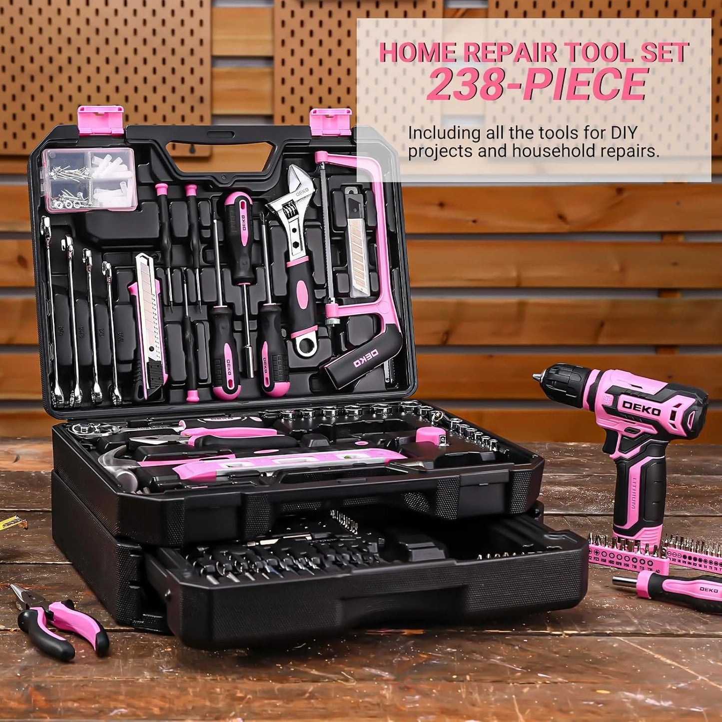 DEKODIY Home Mechanic Toolbox With 12V Cordless Drill Kit