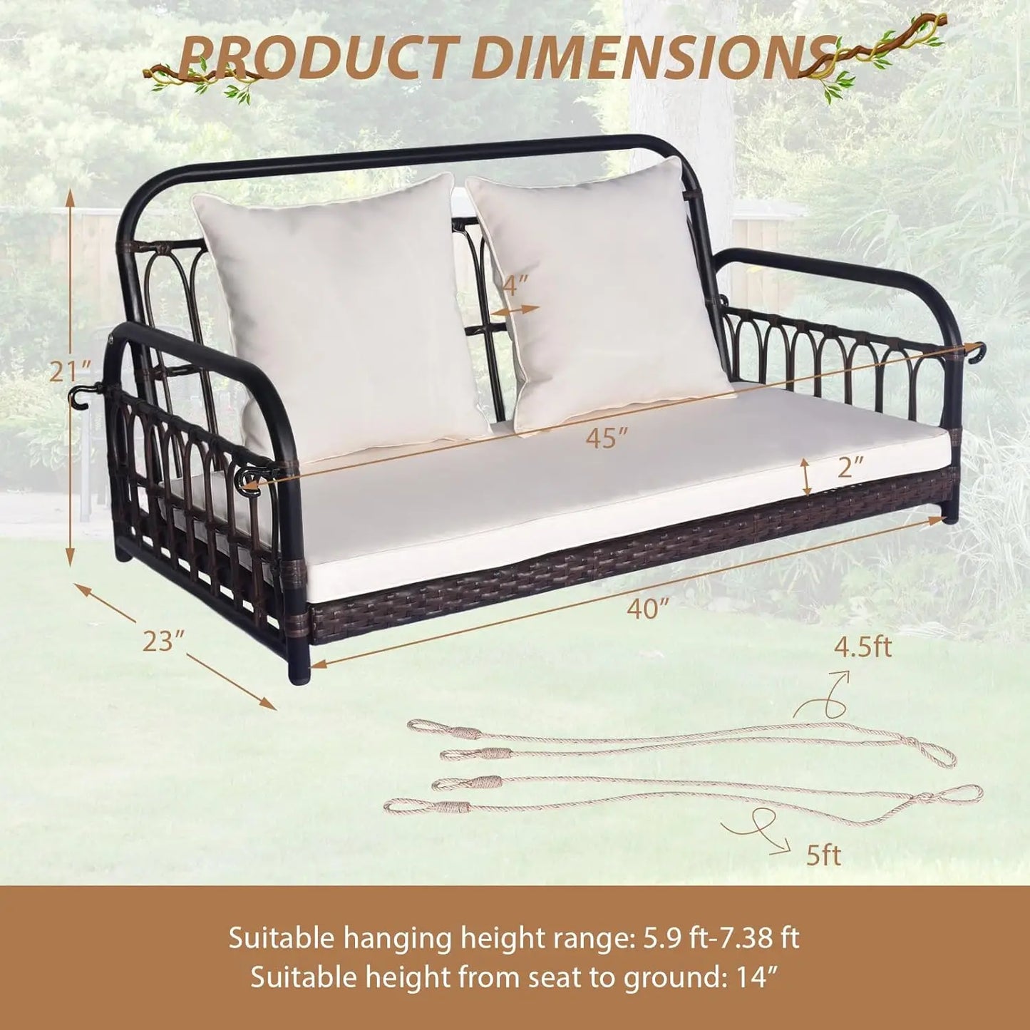 Outdoor Wicker Porch Swing, 2-Person Hanging Seat with Seat & Back Cushions, Heavy-Duty Metal Frame & 2 Sturdy, Customized