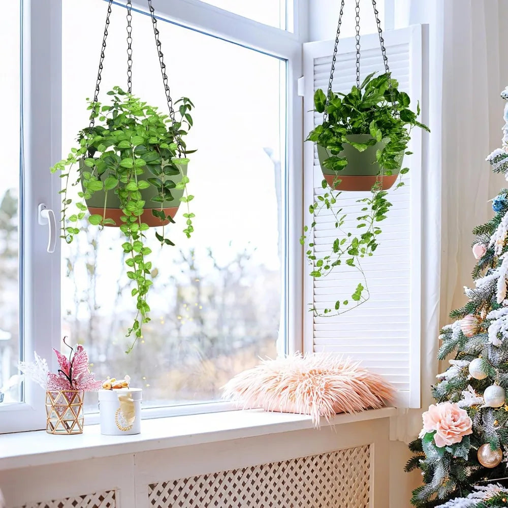 Set of 2 Self-Watering Hanging Planters, 8 Inch Indoor Outdoor Flower Pots with Drainage Holes & Removable Tray, Hooks Included