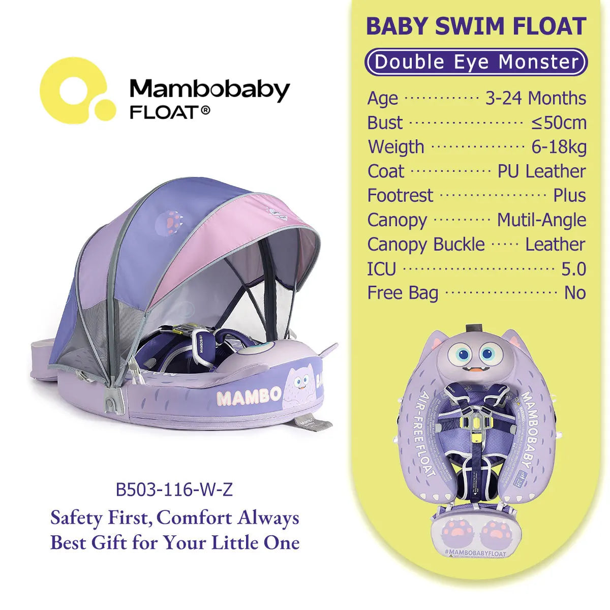 Mambobaby Float No-Slip Safe Harness ST-Cup Cake B503-150-W-Z  Safe Core No Inflation No Leaks Baby Swim Ring Toddler Pool Float