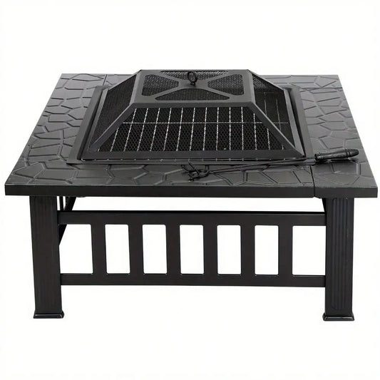 Metal Square Fire Pit For Backyard Patio Garden With Cover